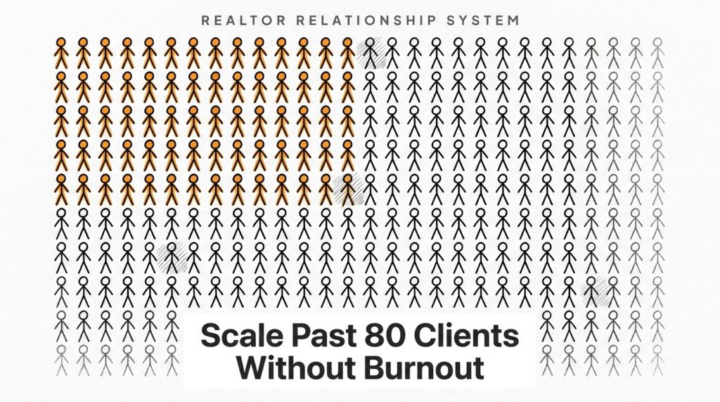 Realtor relationship system - grid of stick figures showing 80 active clients highlighted in orange among 200+ contacts