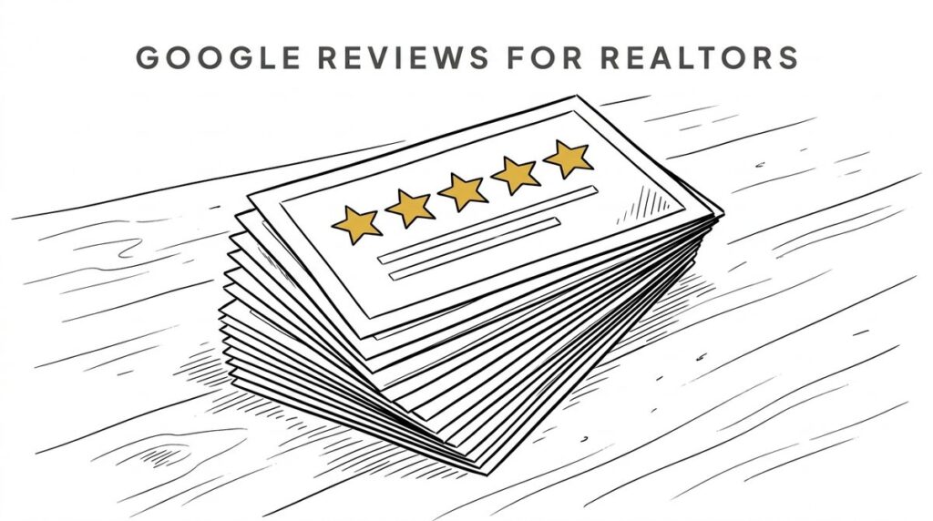Hand-drawn ink illustration: a fanned stack of five-star review cards, top card stars in gold - Google reviews for realtors