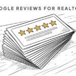 Hand-drawn ink illustration: a fanned stack of five-star review cards, top card stars in gold - Google reviews for realtors