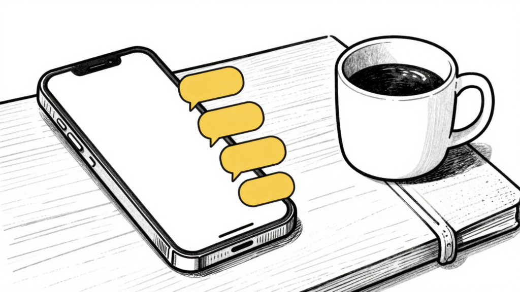 Hand-drawn ink illustration: a smartphone on a wooden desk showing four stacked gold message bubbles on one side of the screen, the other side empty - visual metaphor for sent messages that never got a reply.