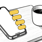 Why Buyers Ghost You: 6 Real Estate Texts That Reawaken Them Hand-drawn ink illustration: a smartphone on a wooden desk showing four stacked gold message bubbles on one side of the screen, the other side empty - visual metaphor for sent messages that never got a reply.