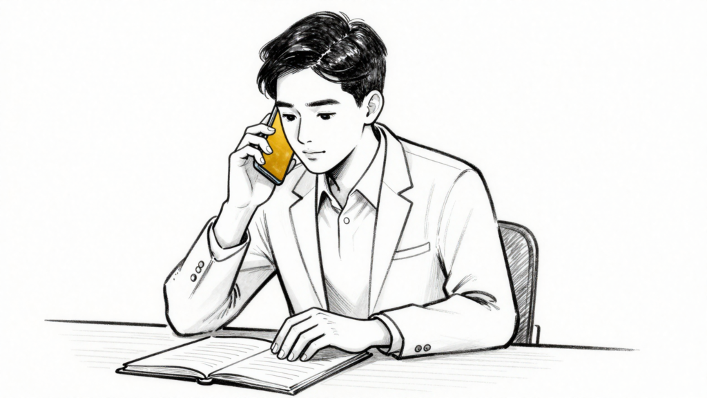 Hand-drawn ink illustration of a real estate agent at a desk holding a smartphone mid-call, gold phone screen, focused on an open notebook.