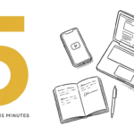 Giant gold numeral 5 with eyebrow 'FIXES UNDER 15 MINUTES', beside three content artifacts in ink outline - smartphone showing a Reel, laptop showing a blog post, open notebook - on pure white background.