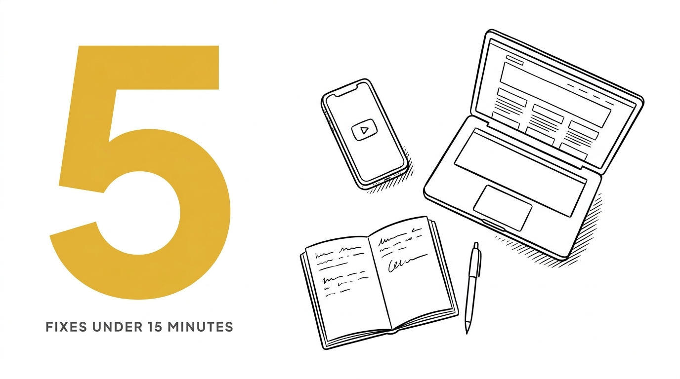 Giant gold numeral 5 with eyebrow 'FIXES UNDER 15 MINUTES', beside three content artifacts in ink outline - smartphone showing a Reel, laptop showing a blog post, open notebook - on pure white background.