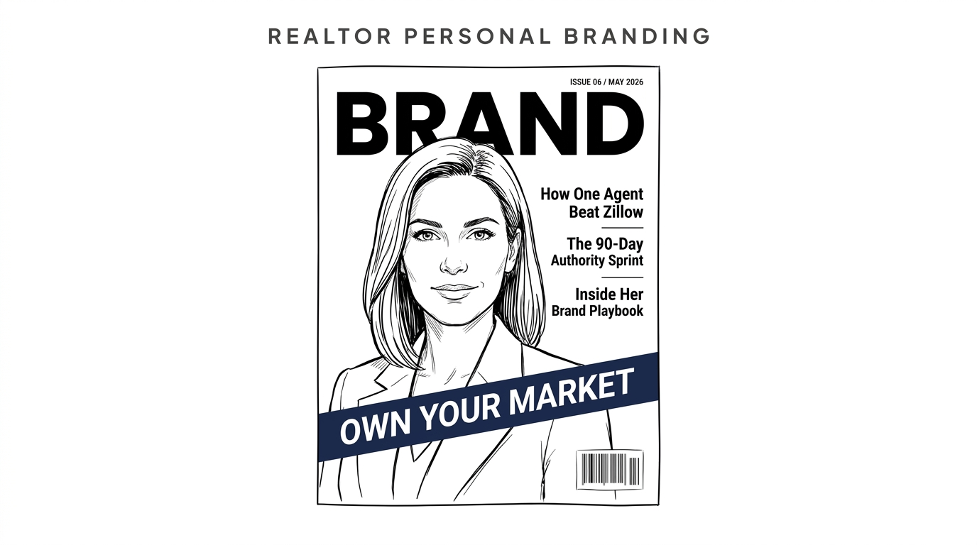 Hand-drawn ink illustration of an editorial magazine cover. Masthead 'BRAND' at top, a confident woman real estate agent portrait in the center, navy banner 'OWN YOUR MARKET' across her chest, coverlines on the right side, on pure white background. Treatment G: text inside the illustration. Pillar: Content & Social.