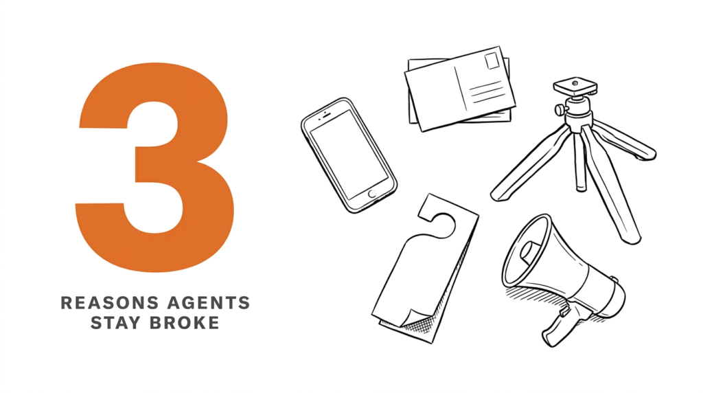 Giant orange numeral 3 with eyebrow 'REASONS AGENTS STAY BROKE', beside five scattered real estate tools - smartphone, postcards, tripod, door hanger, megaphone - in clean ink line outline on pure white background.