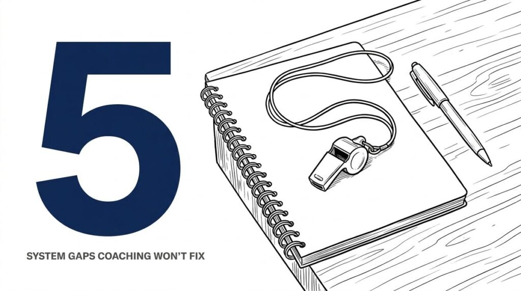 Hand-drawn ink illustration: a giant navy numeral 5 beside a closed spiral playbook with a coach whistle - 5 system gaps real estate coaching will not fix