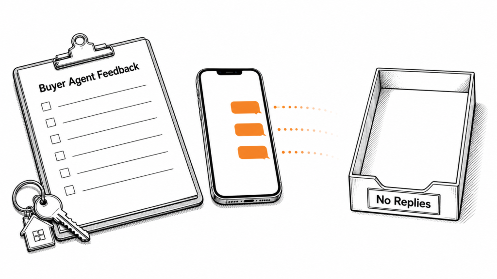 Hand-drawn illustration of a Buyer Agent Feedback clipboard next to fading message bubbles and an empty No Replies tray for post-showing follow-up